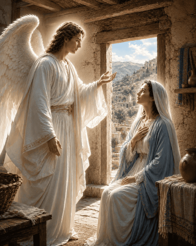 The angel Gabriel speaks to Mary at the Annunciation as she looks up with her hands over her heart.