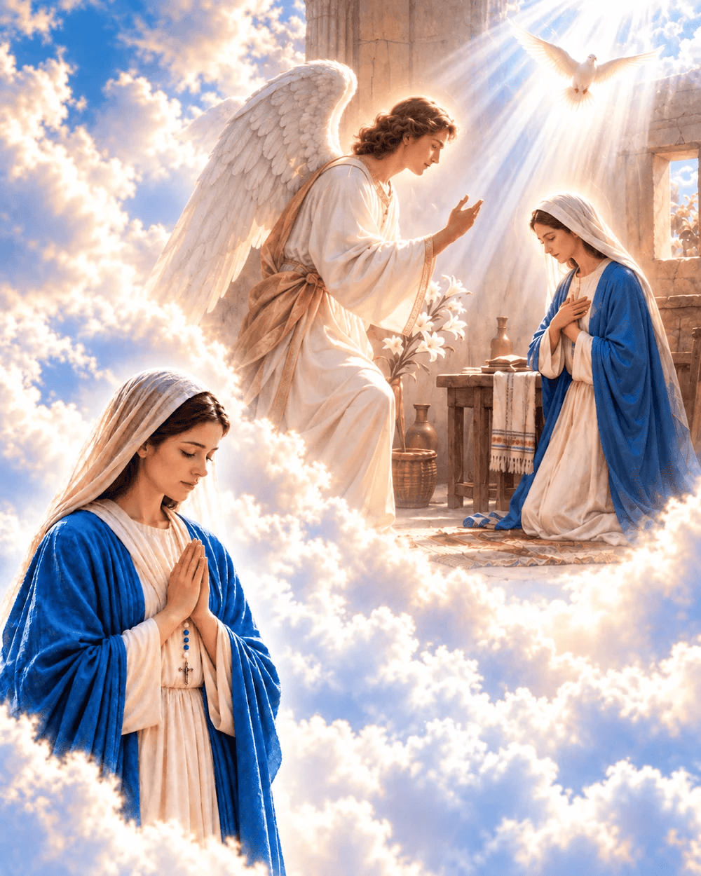 The angel Gabriel appears to Mary at the Annunciation, with the Holy Spirit depicted as a dove above.