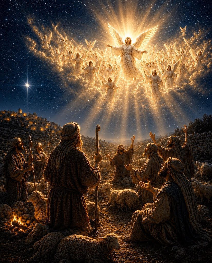 Shepherds tending their sheep at night look up at a multitude of angels shining above the fields near Bethlehem.