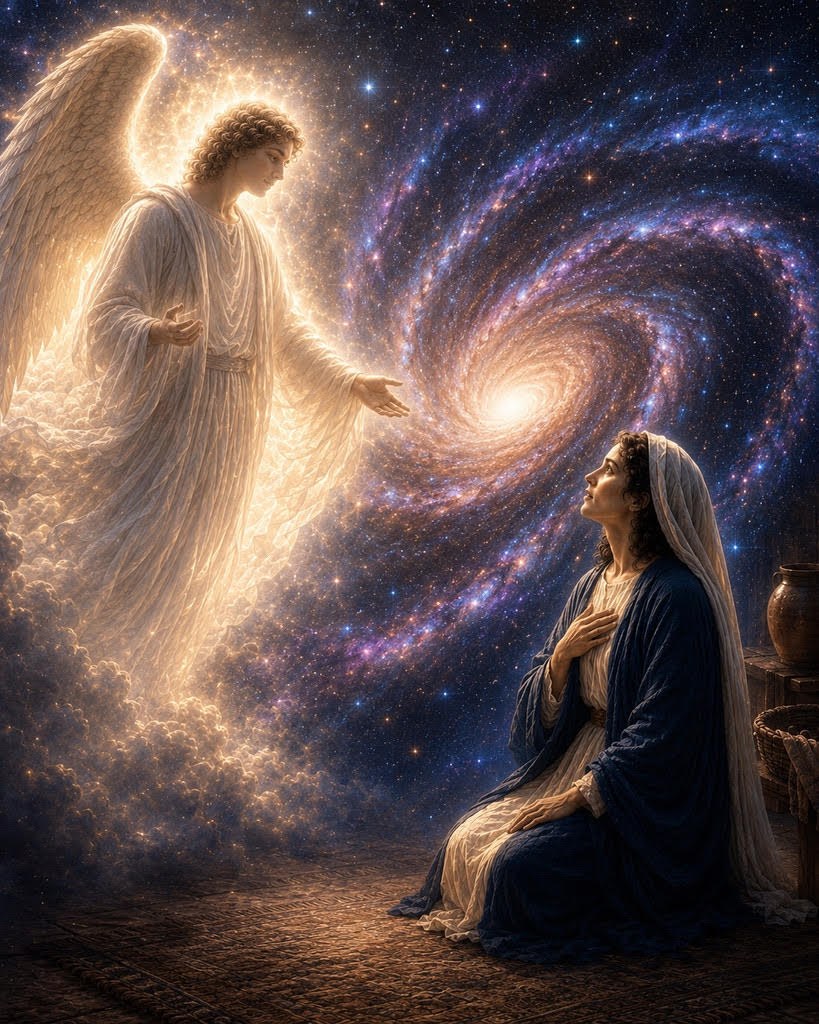 Mary looks up at the angel Gabriel, surrounded by glowing clouds with a spiral galaxy and stars behind them.