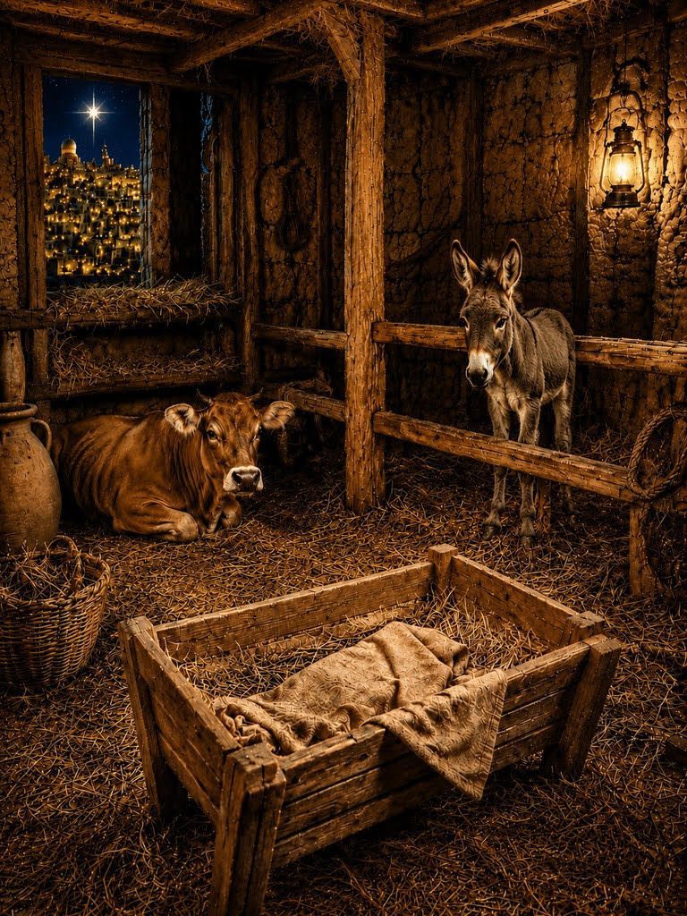 A wooden manger with folded cloth in a lantern-lit stable, with a donkey, a cow, and a bright star over Bethlehem outside