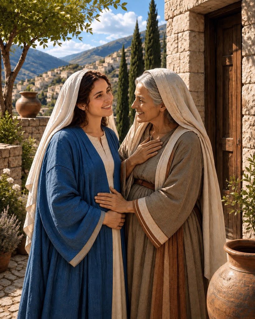 Elizabeth rests her hand on Mary’s womb as they smile at each other during the Visitation.