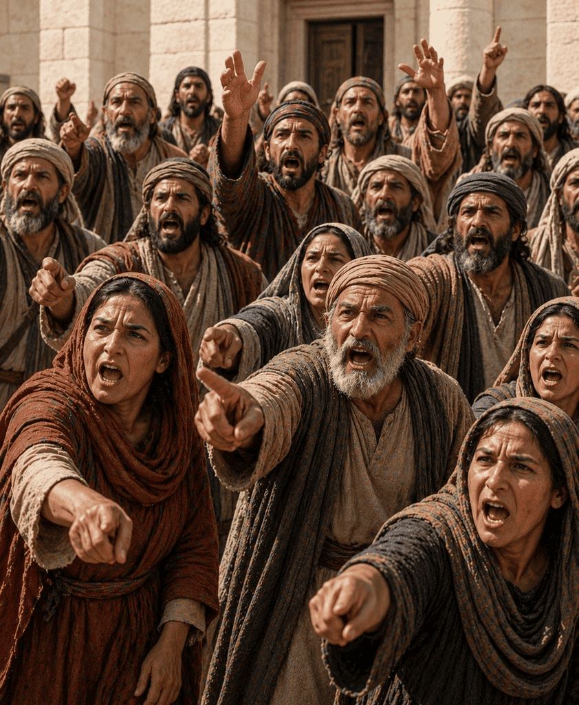 The crowd shouts “Crucify Him!” as Jesus stands before Pilate.