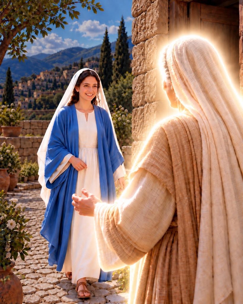 Elizabeth, surrounded by a glow symbolizing the Holy Spirit, welcomes Mary at her doorway during the Visitation.