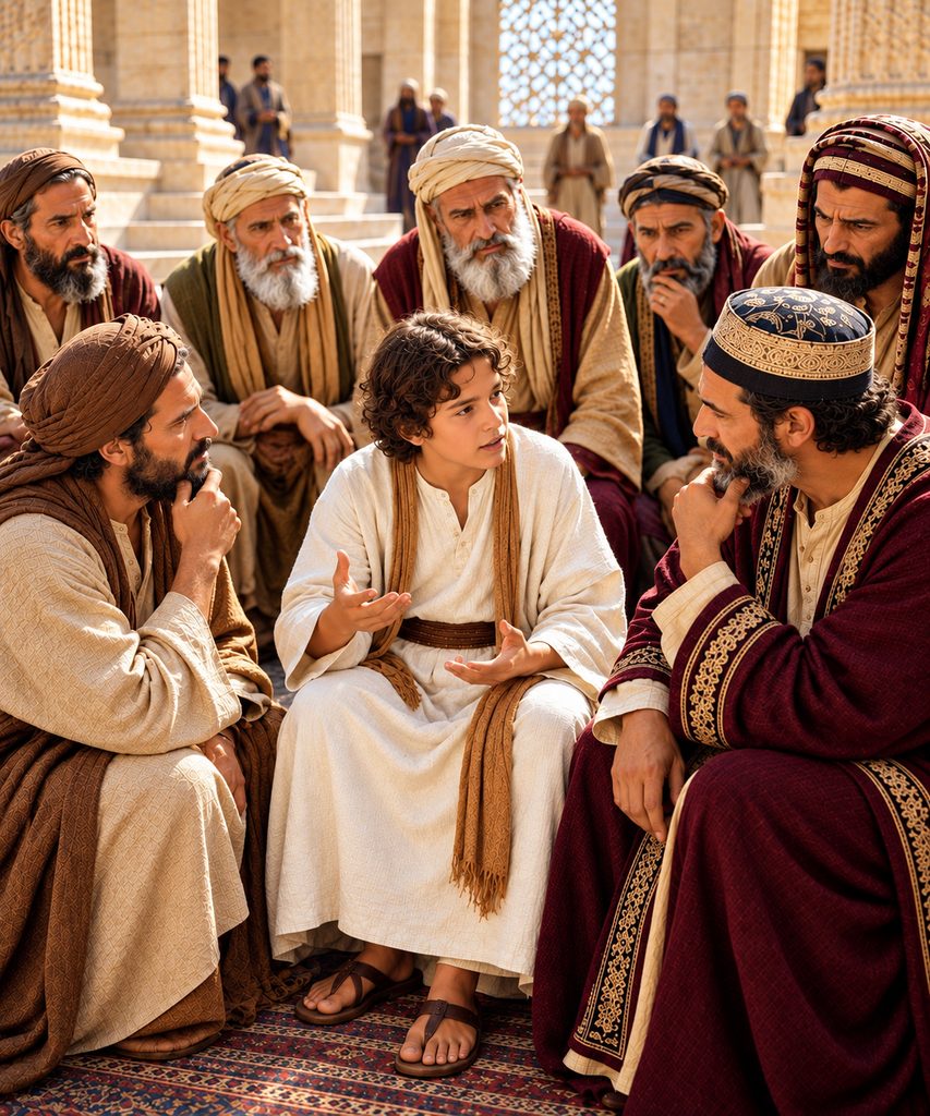 The teachers in the Temple listen with amazement as twelve-year-old Jesus speaks with wisdom and understanding.