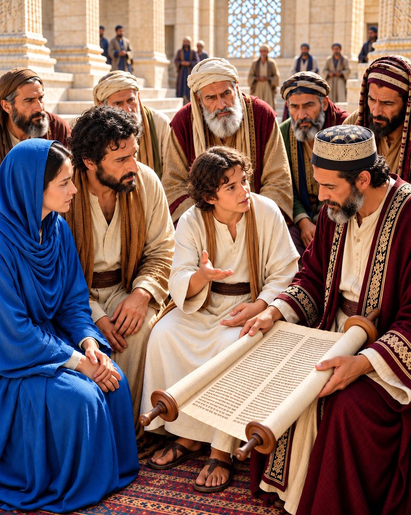 Mary and Joseph find the twelve-year-old Jesus in the Temple, sitting among the teachers and speaking with them.