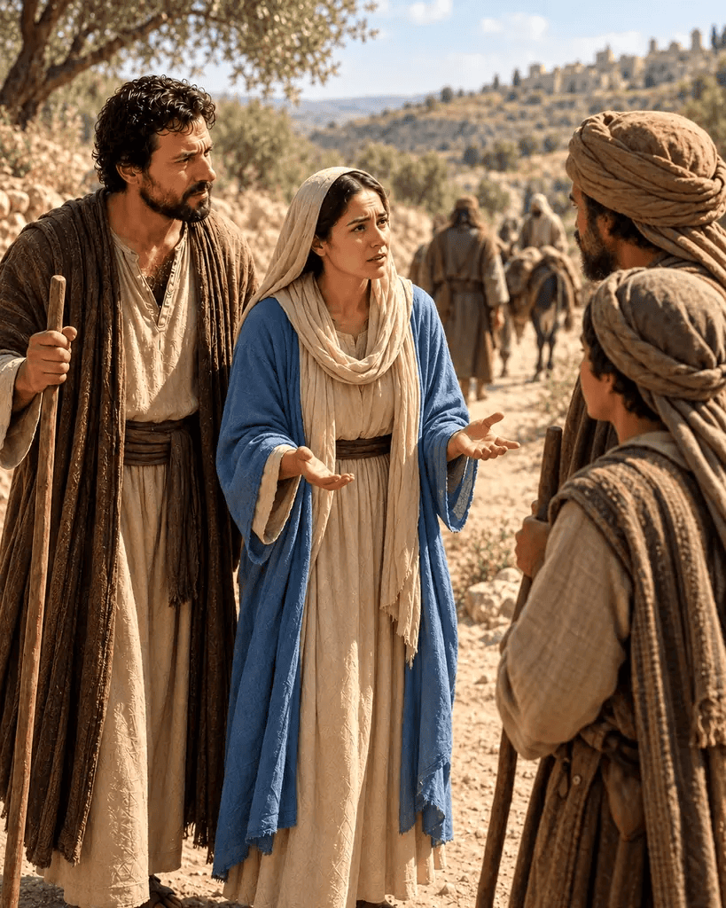 Mary and Joseph realize that Jesus is missing as they speak with travelers on the road home from Jerusalem.