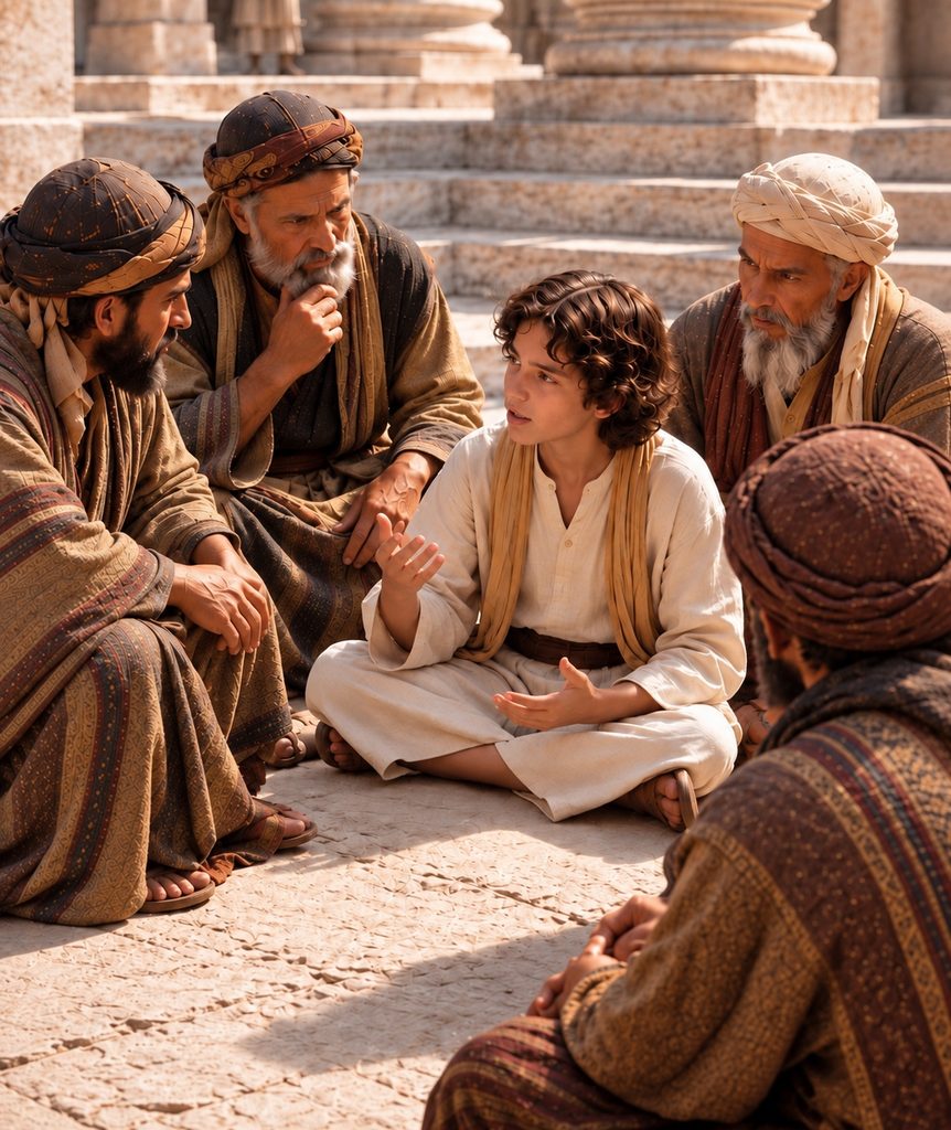 Twelve-year-old Jesus sits among the teachers in the Temple, listening to them and asking them questions.