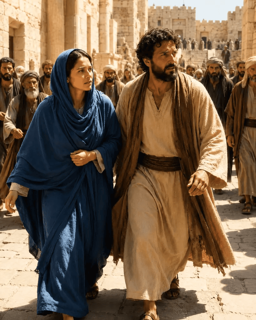 Mary and Joseph return to Jerusalem searching anxiously for the young Jesus.