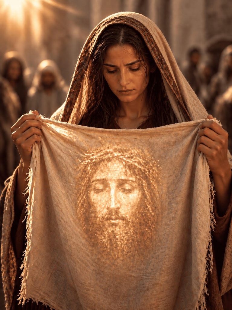 Veronica looks down at the veil bearing the imprint of Jesus’ sacred face.