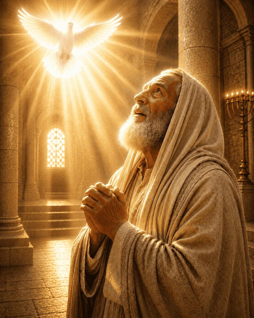 Simeon prays in the Temple beneath a radiant dove representing the Holy Spirit, who reveals that he will see the Messiah.