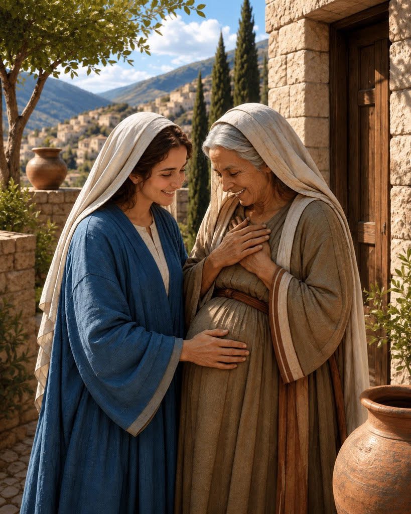 Mary rests her hand on Elizabeth’s pregnant belly as both women smile joyfully during the Visitation.