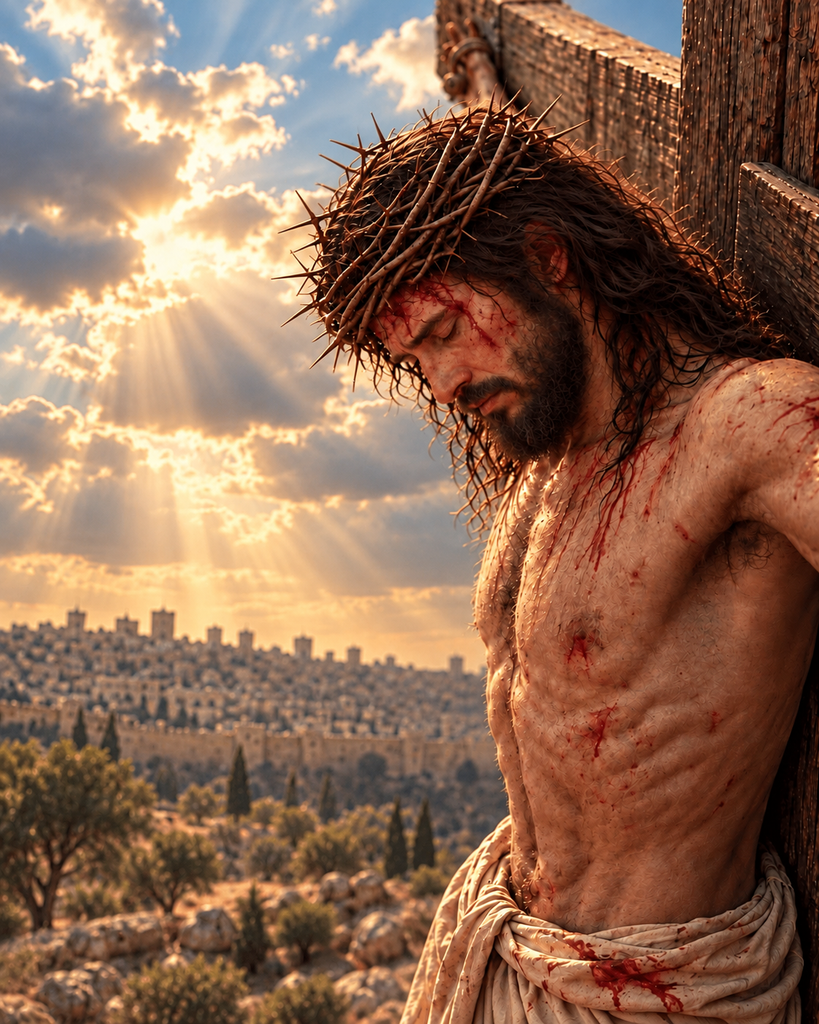 Close-up of Jesus wearing a crown of thorns with His head bowed on the cross.
