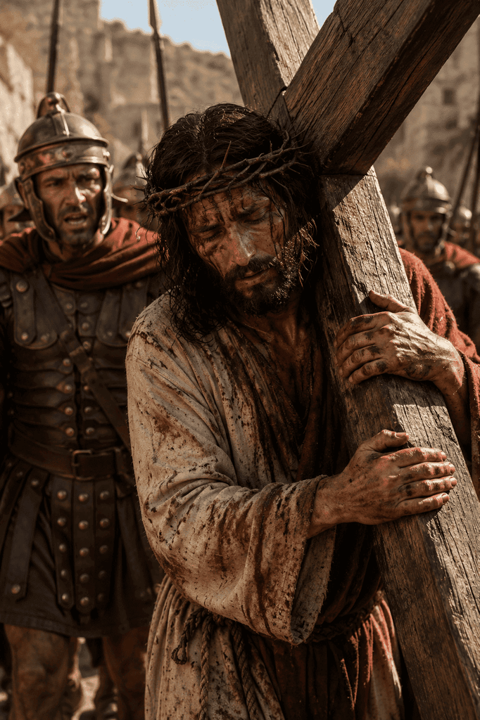 Jesus continues carrying His cross on the way to Calvary.