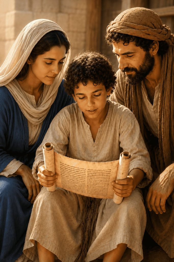 Young Jesus reads a scroll while Mary and Joseph sit beside Him, watching attentively.