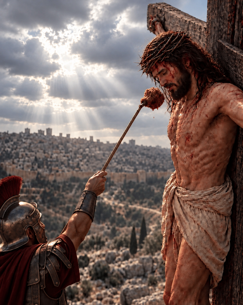 A soldier raises a sponge toward Jesus on the cross beneath lighter clouds.