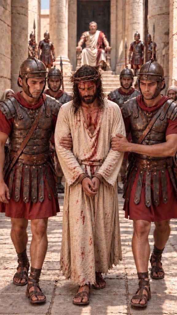 Soldiers lead Jesus away to be crucified.