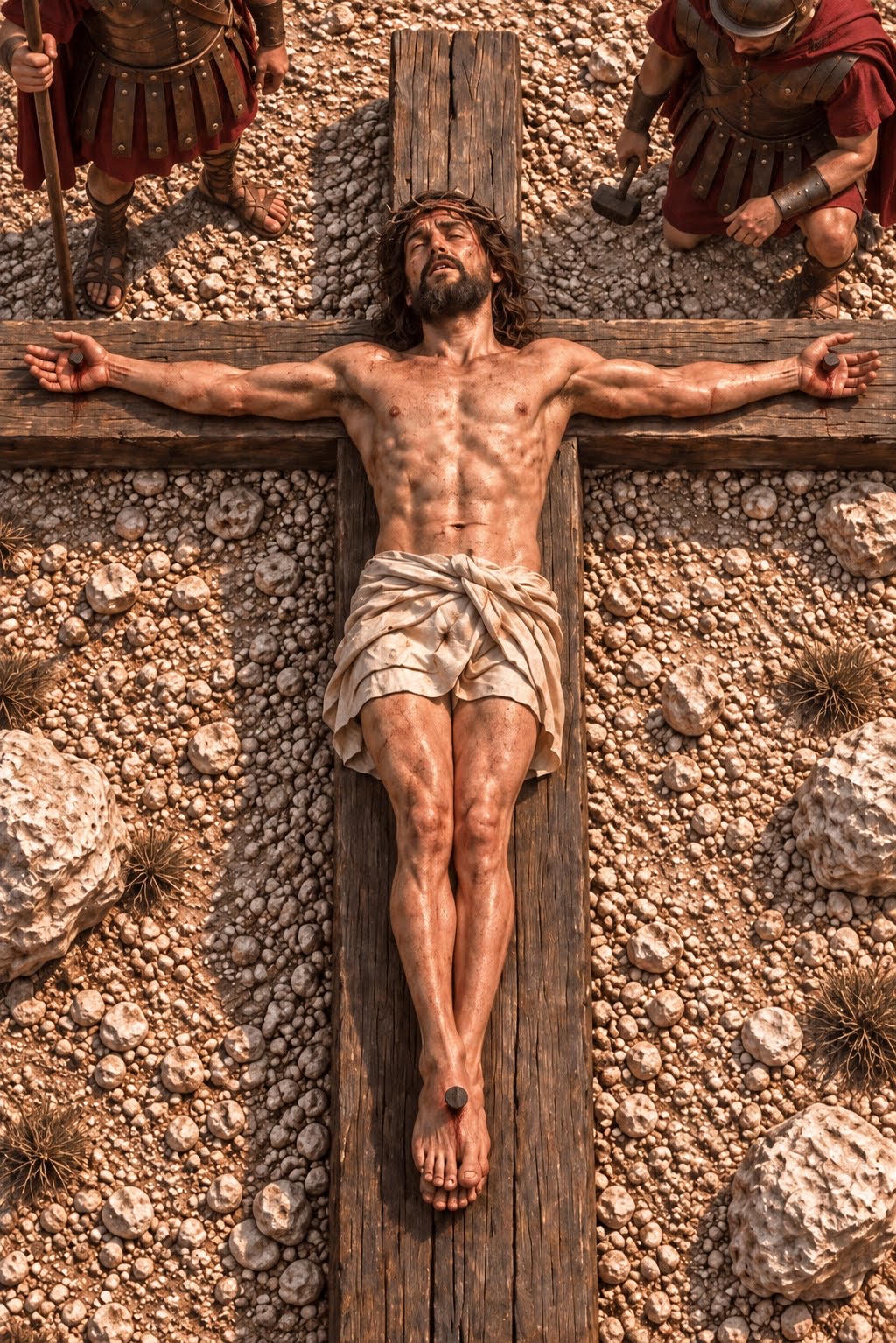 Jesus is nailed to the wooden cross at Calvary as soldiers stand nearby.