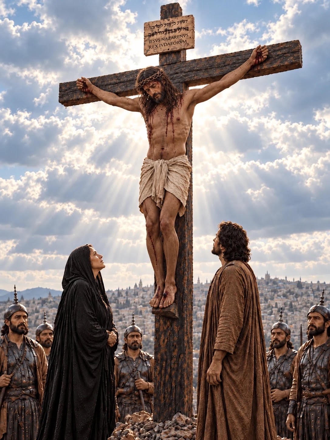Mary and John look up at Jesus on the cross as soldiers stand nearby at Calvary.