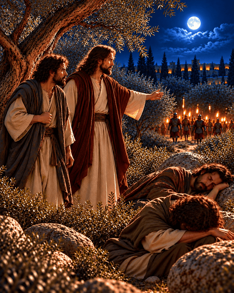 Jesus points toward the soldiers entering the Garden of Gethsemane.