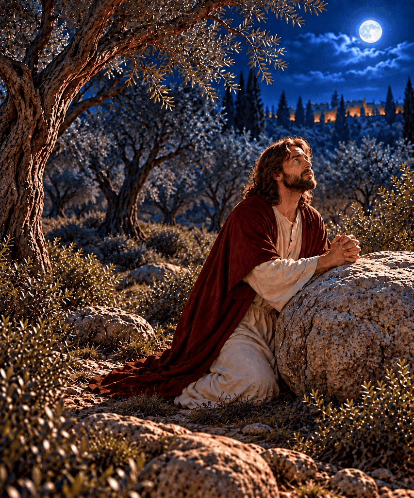Jesus prays to the Father in the Garden of Gethsemane.