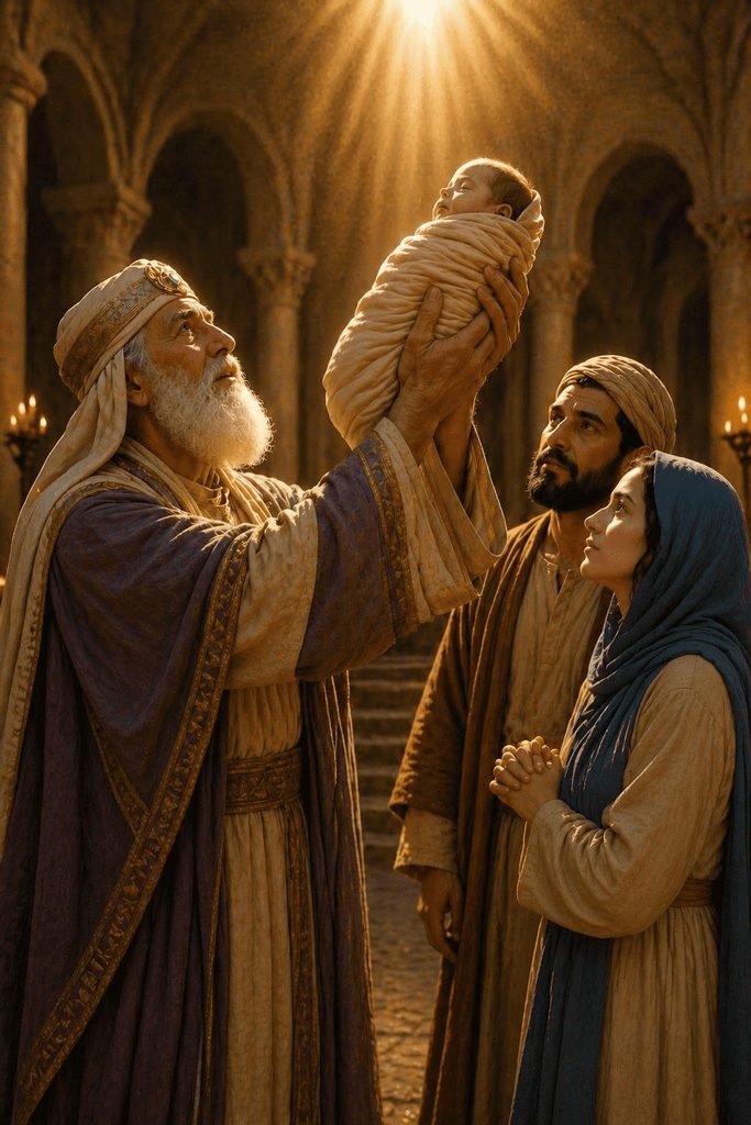 Simeon lifts infant Jesus in the Temple as Mary and Joseph look up prayerfully