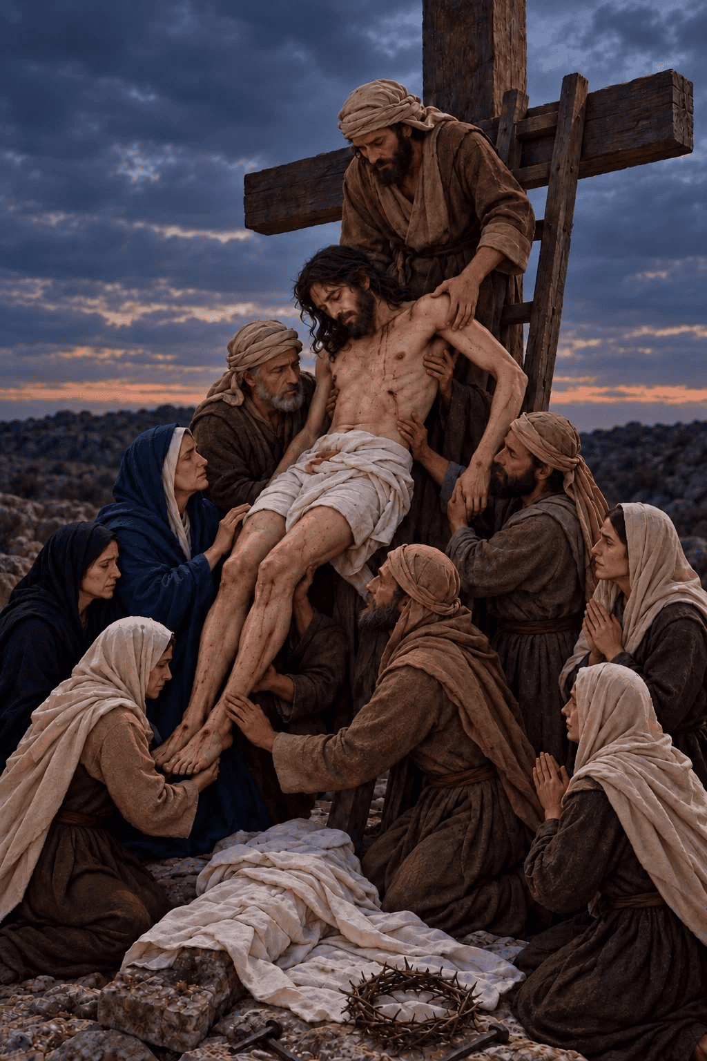  Jesus’ body is gently lowered from the cross as Mary and other mourners gather around Him.

