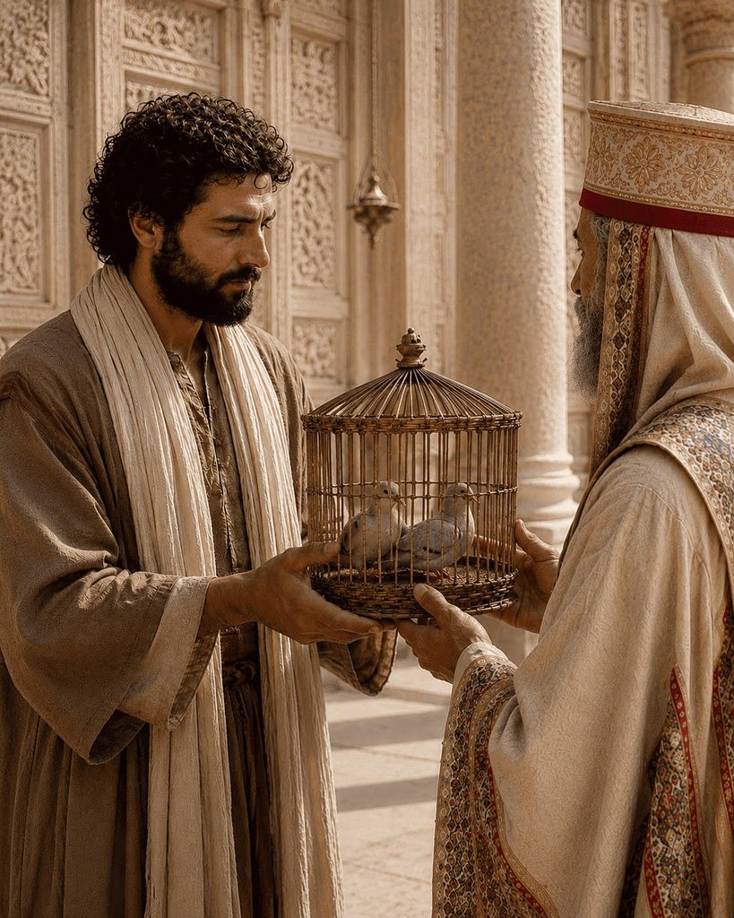 Joseph presents a cage containing two turtledoves to a priest as a sacrificial offering at the Temple.