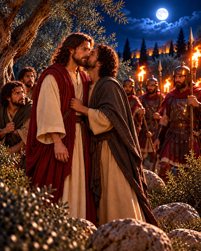 Judas betrays Jesus with a kiss in the Garden of Gethsemane.