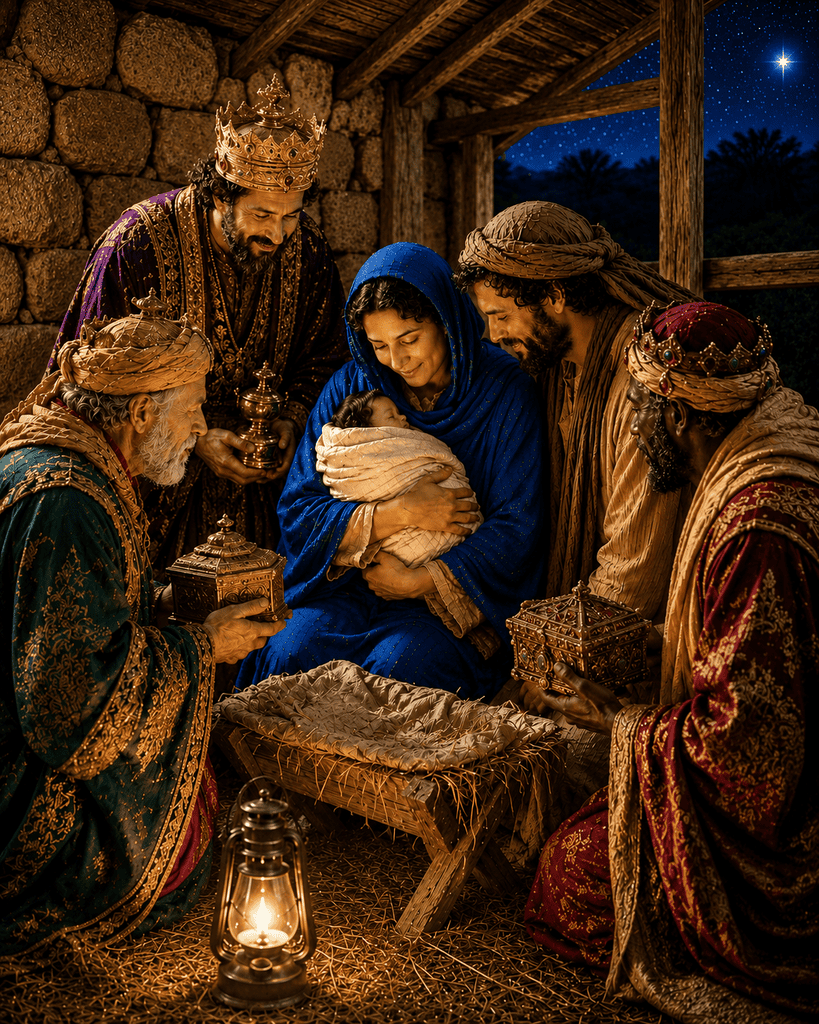 Three Magi offer gifts to newborn Jesus in Mary’s arms, with Joseph beside them in the stable.