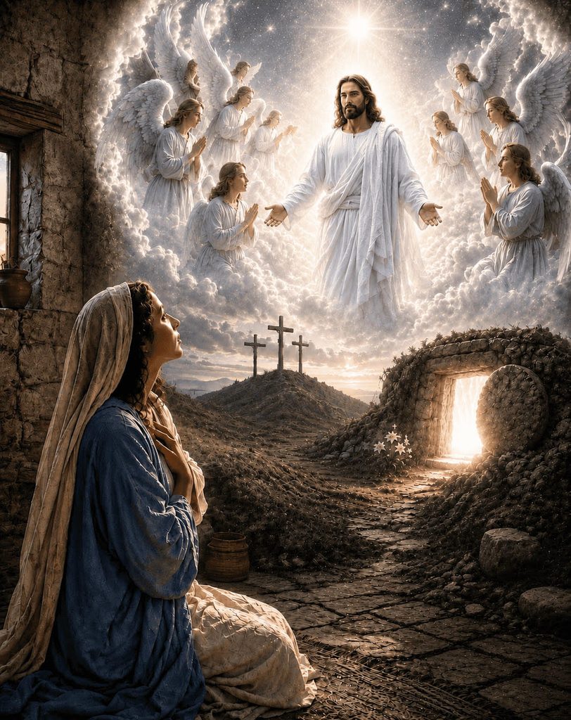 Mary kneels in prayer beneath Jesus surrounded by angels, with three crosses and an illuminated empty tomb below.