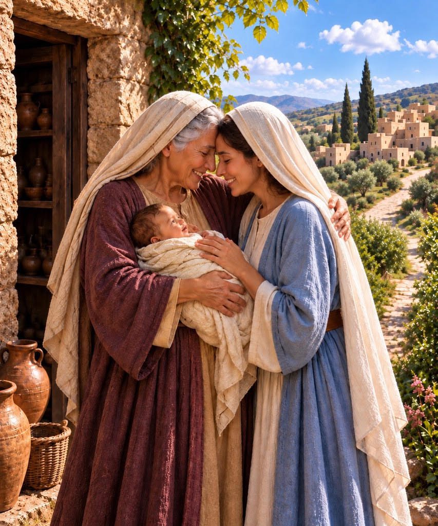Mary embraces Elizabeth, who cradles newborn John the Baptist wrapped in a white cloth.