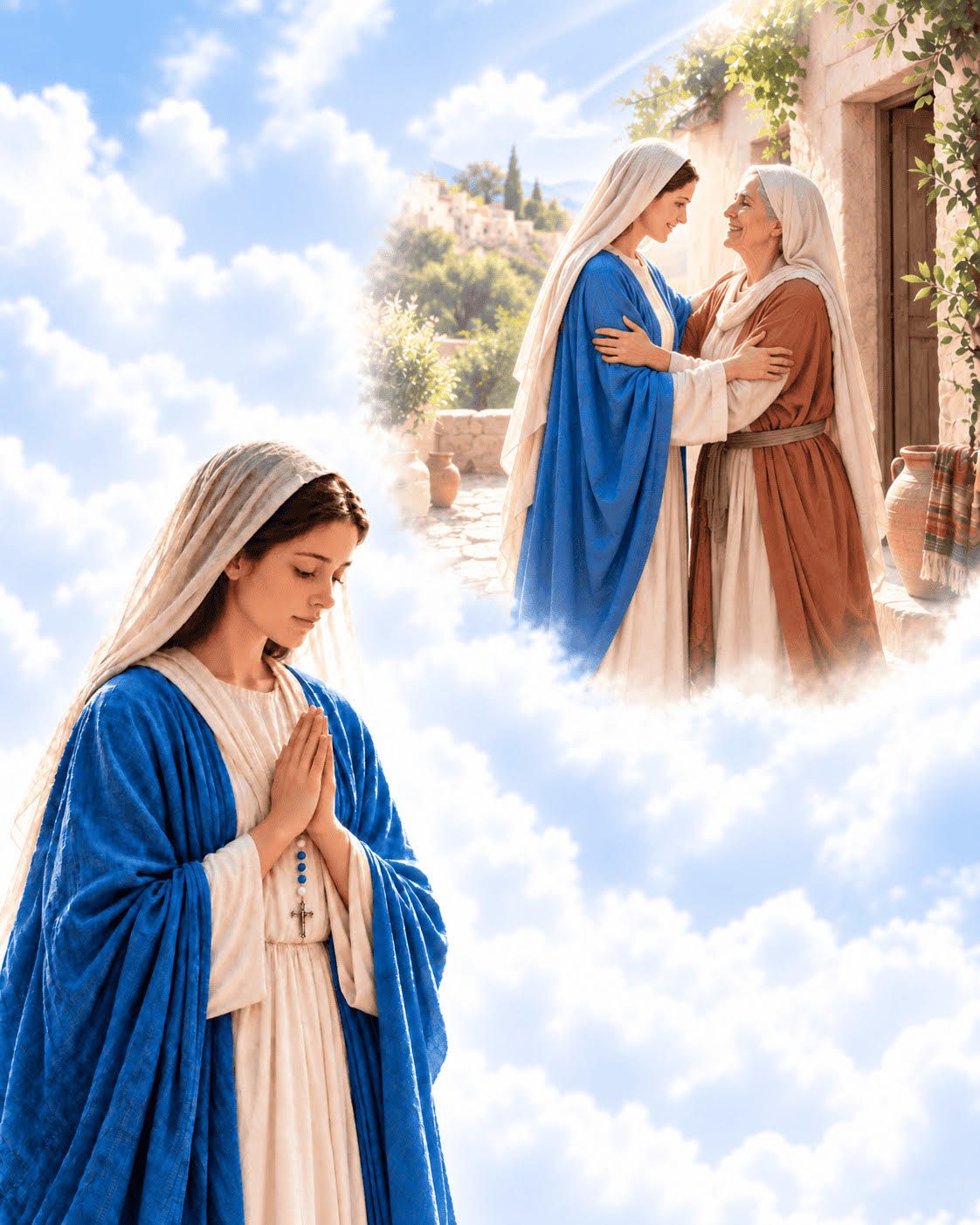Mary praying the Rosary beneath a scene of her embracing Elizabeth at the Visitation, surrounded by white clouds.