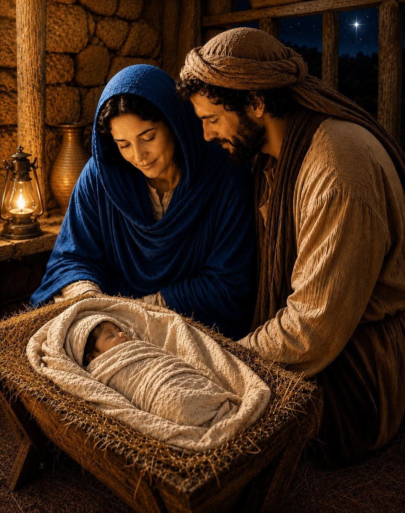 Mary and Joseph gaze lovingly at newborn Jesus, wrapped in swaddling cloths and lying in a manger.