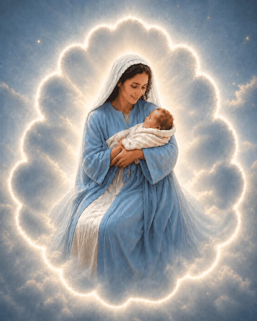 Mary in a blue robe and white veil cradles infant Jesus, surrounded by softly glowing clouds.