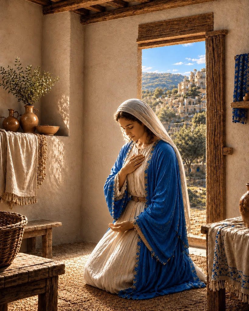Mary kneels in prayer with her head bowed and one hand over her heart, wearing a blue mantle and white veil.