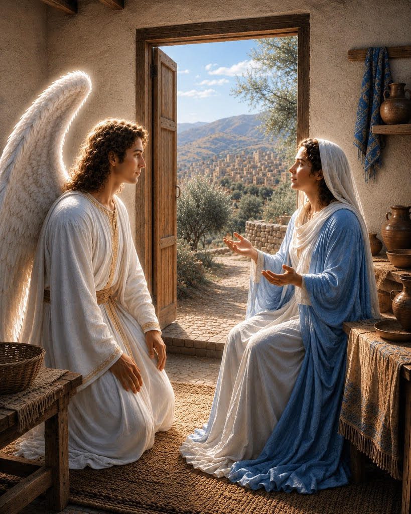 Mary sits with her palms raised as she speaks to the kneeling angel Gabriel at the Annunciation.
