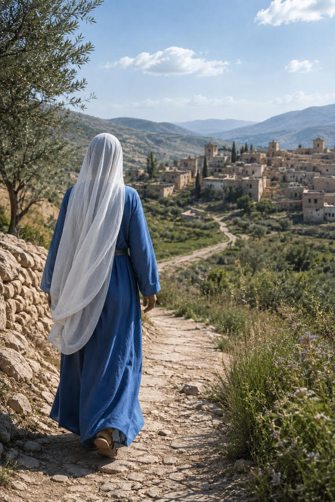 Mary, wearing a blue robe and white veil, walks along a rocky path toward a hillside village to visit Elizabeth.