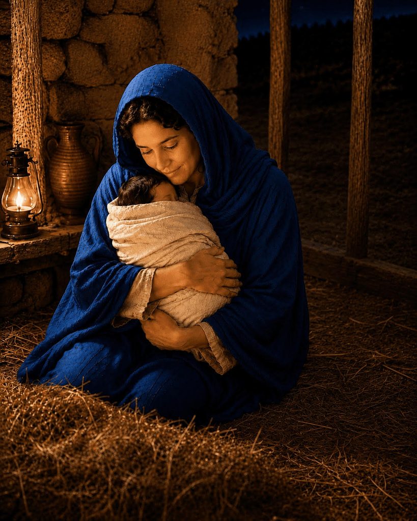 Mary cradles newborn Jesus wrapped in white swaddling clothes in a lantern-lit stable.