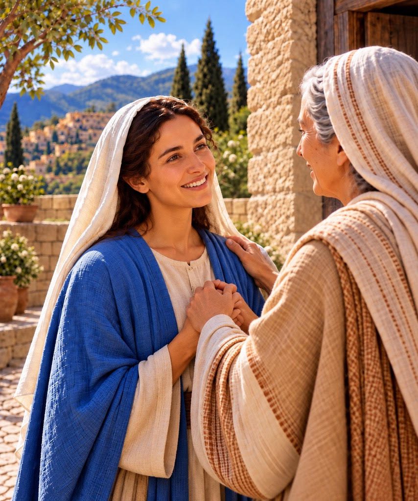 Elizabeth holds Mary’s hands and rests a hand on her shoulder as they greet each other joyfully at the Visitation.