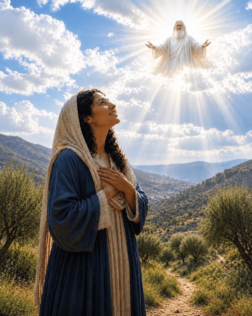 Mary looks heavenward with her hands over her heart, praising God, depicted above her among radiant white clouds.