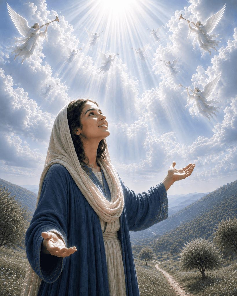 Mary raises her open hands and looks heavenward joyfully as angels sound trumpets among radiant white clouds.