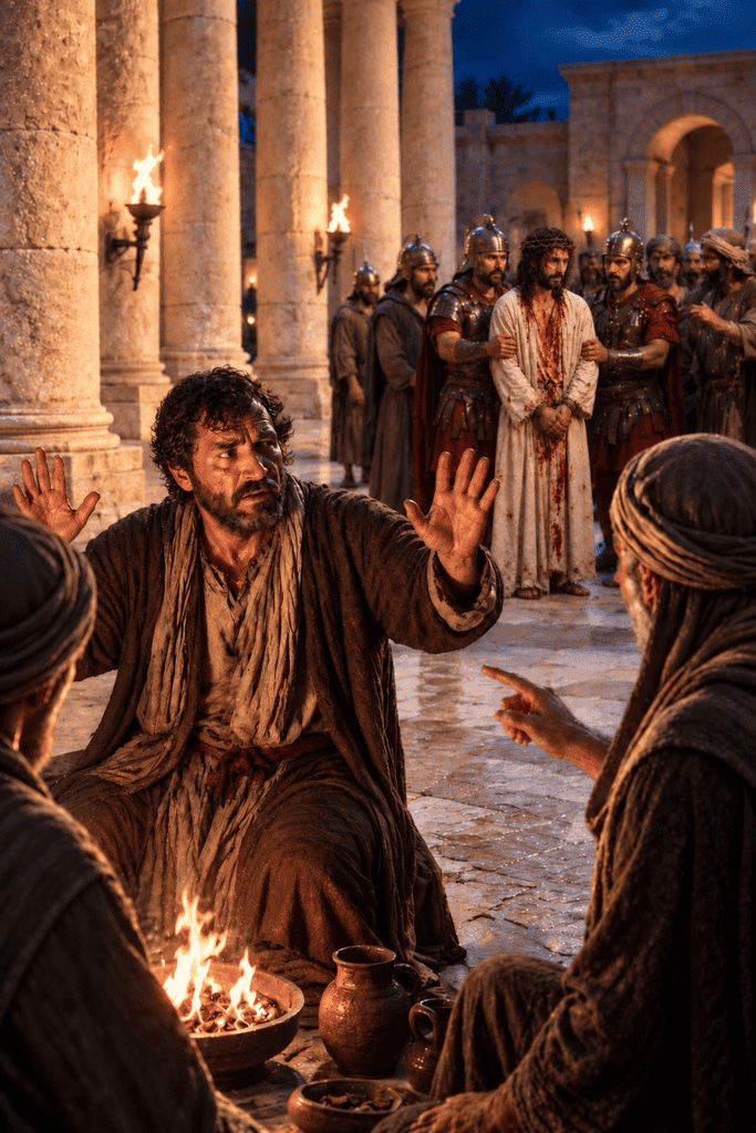 Peter denies knowing Jesus in the courtyard while Jesus stands guarded by soldiers.