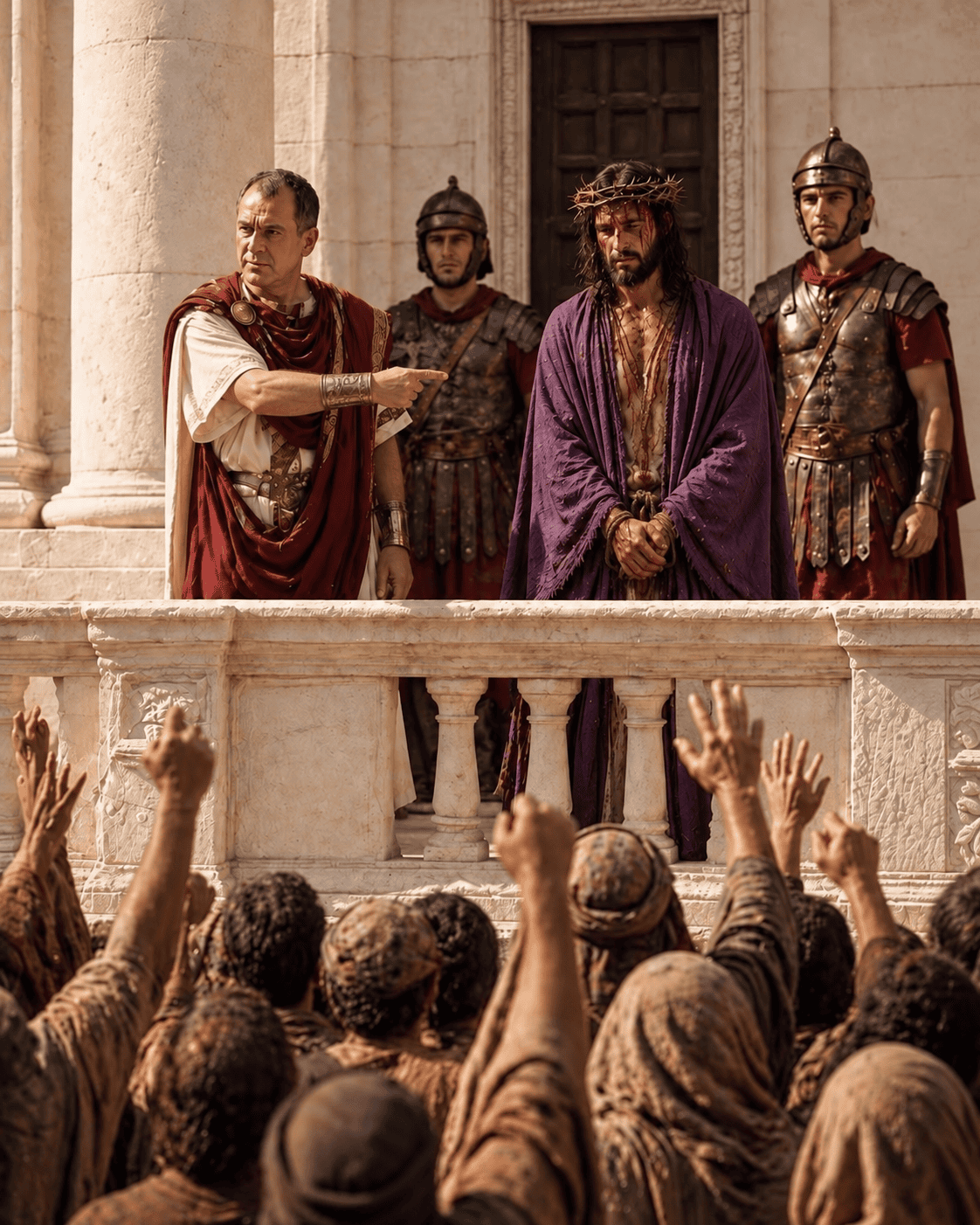 Pilate presents Jesus to the crowd and says, “Behold the man!”