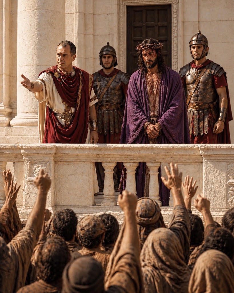 Pilate gestures toward Jesus and asks the crowd, “Shall I crucify your King?”