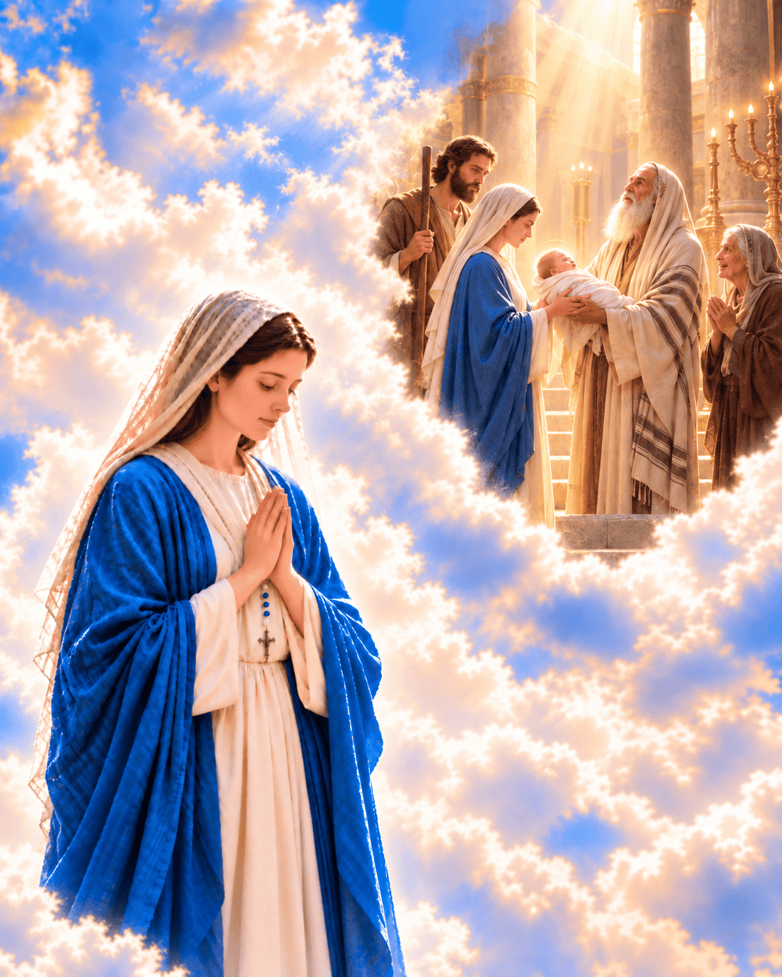 Mary prays the Rosary beneath a scene of infant Jesus being presented to Simeon in the Temple, with Joseph and Anna nearby.