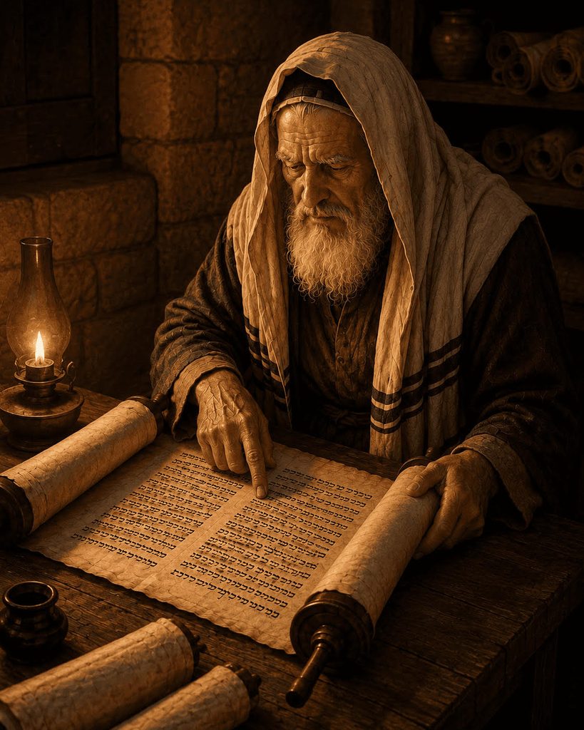 An elderly man studies a Hebrew scroll by lamplight, reflecting on the prophecy of the Messiah.