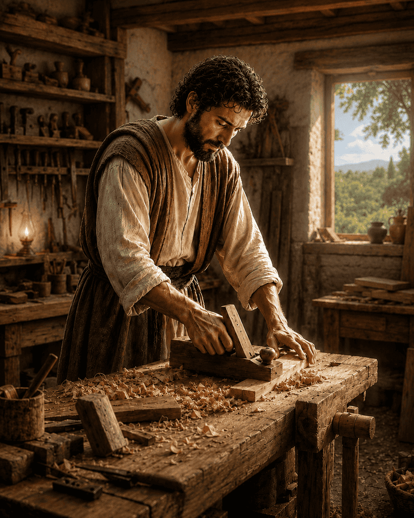 Saint Joseph planes a wooden board at his workbench in a carpenter’s workshop.
