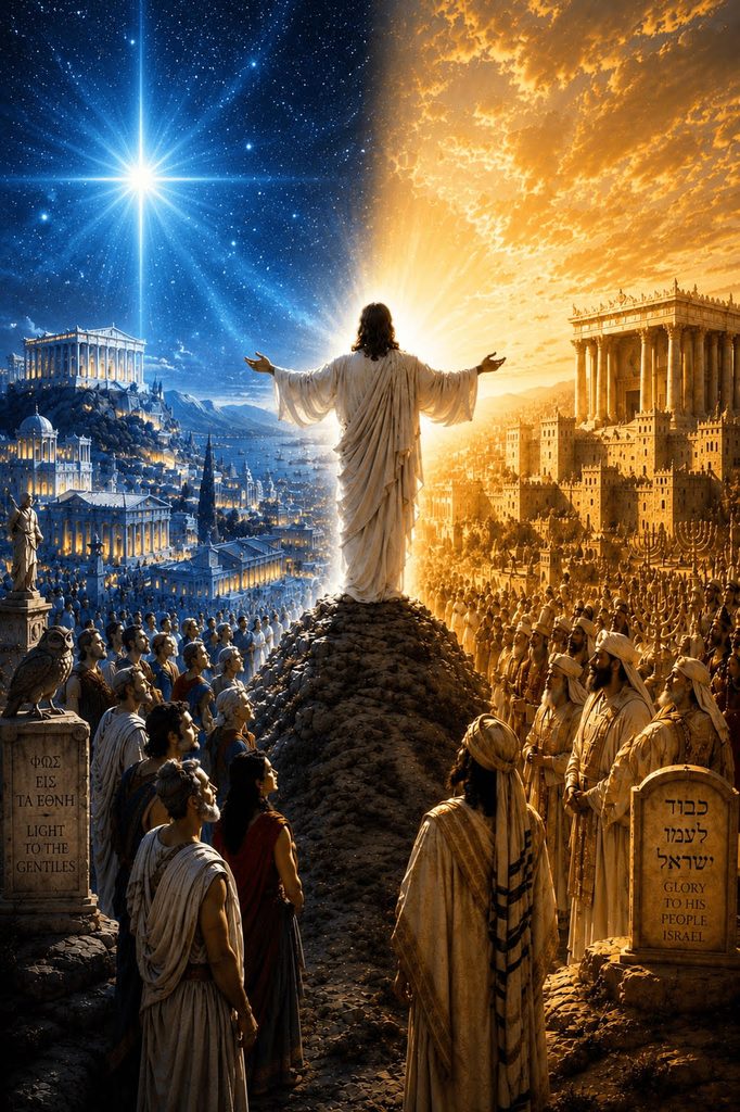 Jesus stands with outstretched arms between crowds representing the Gentiles and Israel, symbolizing salvation for all peoples.