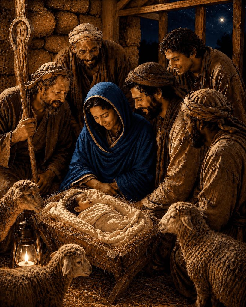 Shepherds gather with Mary and Joseph around newborn Jesus in the manger, with sheep nearby in the lantern-lit stable.